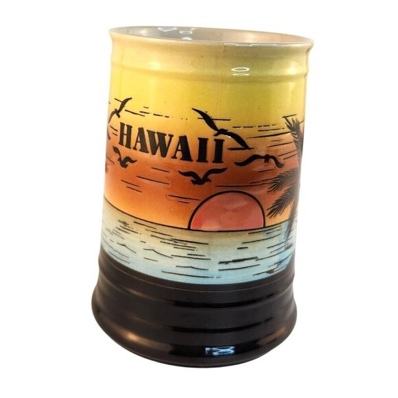 Hawaii Ceramic Beer Coffee Stein Mug Ocean Sunset & Palm Tree Design - Picture 1 of 6